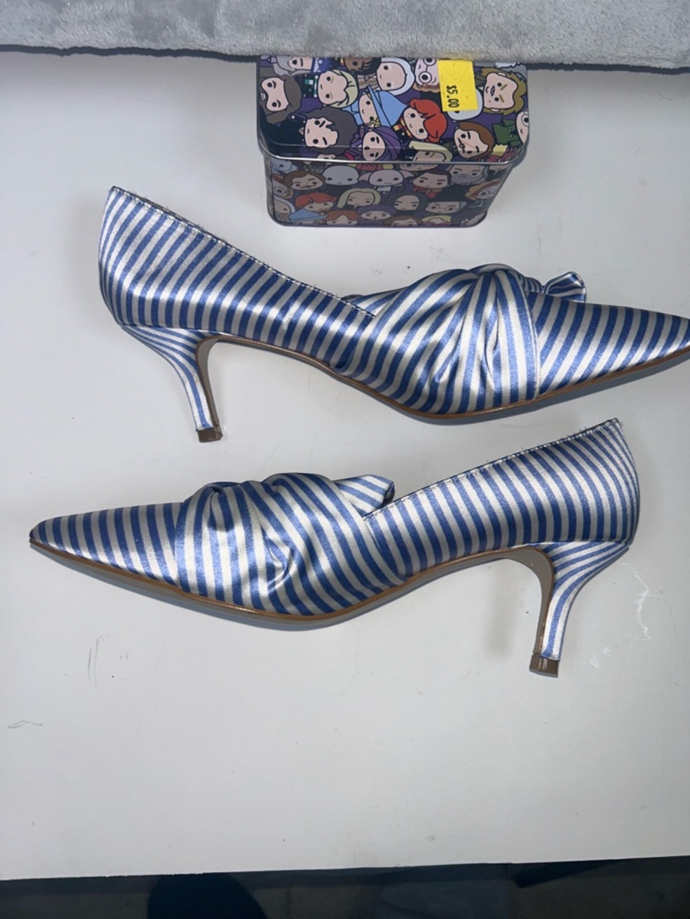 Gunmetal Gunnii Blue White Striped Knot Pointed-Toe Flats - Picture 6 of 10